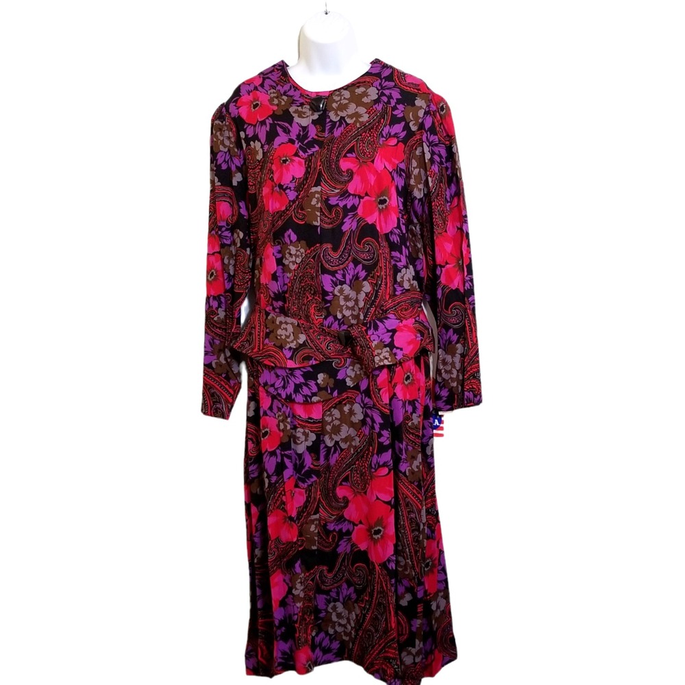 Reiner of Chicago Vintage Womens Dress XL Long Sleeve Floral Print Rayon Midi